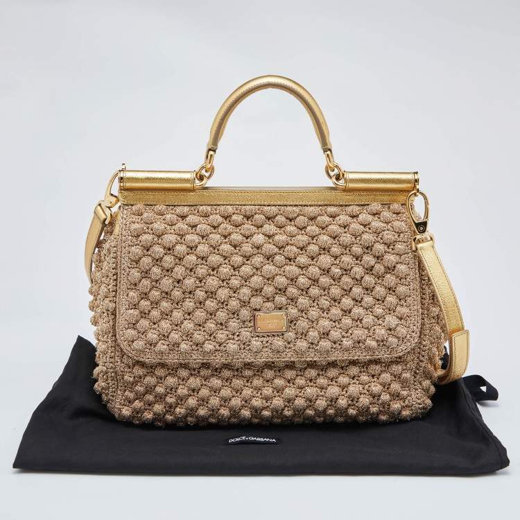 Pre Owned Dolce & Gabbana Gold Crochet Lurex Fabric and Leather Large Miss Sicily Top Handle Bag