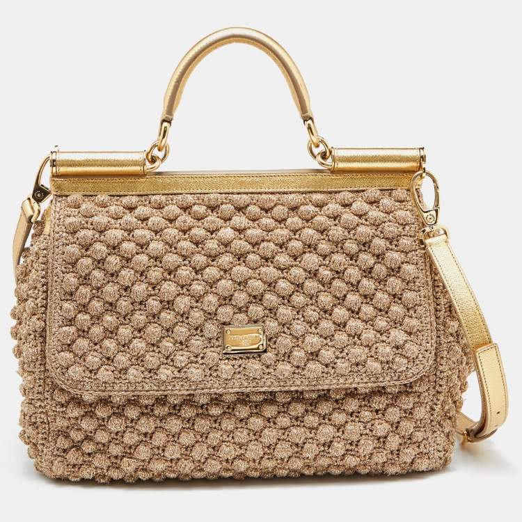 Pre Owned Dolce & Gabbana Gold Crochet Lurex Fabric and Leather Large Miss Sicily Top Handle Bag