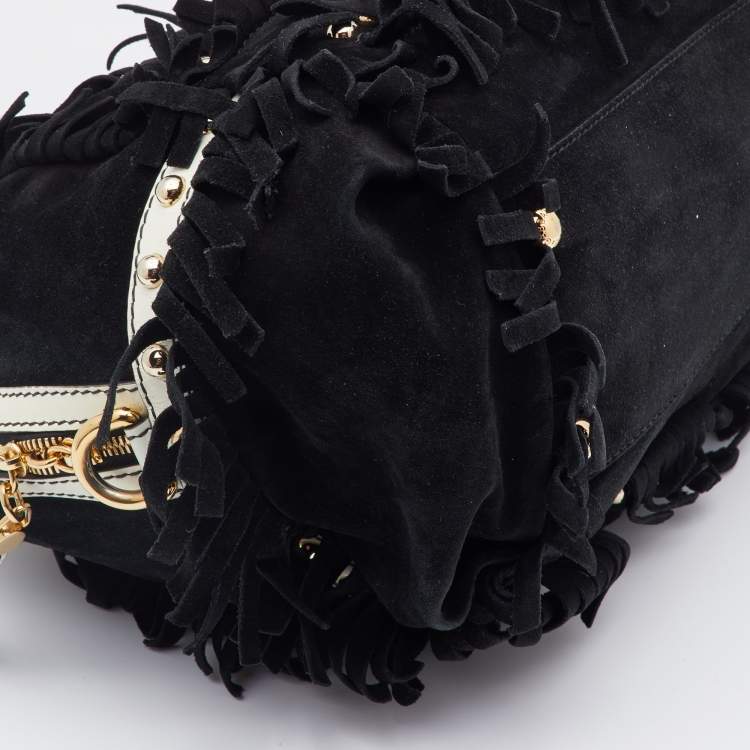 Pre Owned Dolce & Gabbana Black Suede and Leather Fringed Satchel
