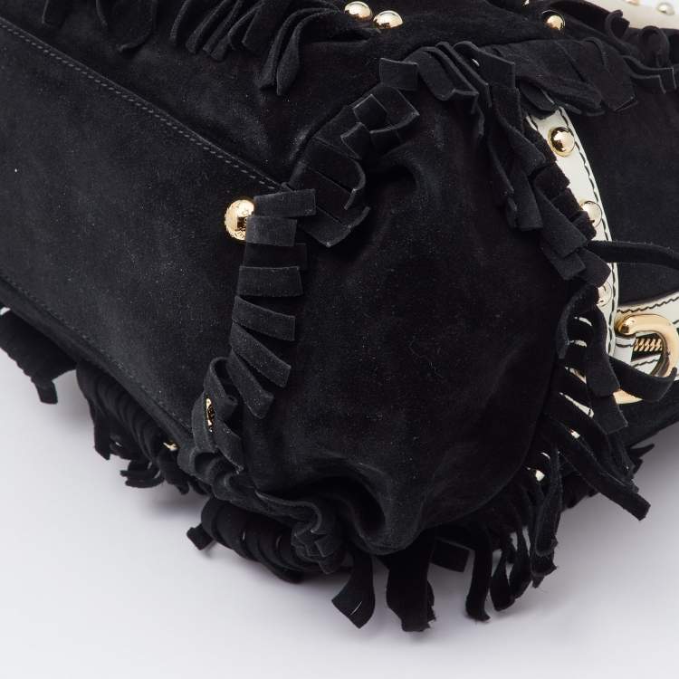 Pre Owned Dolce & Gabbana Black Suede and Leather Fringed Satchel