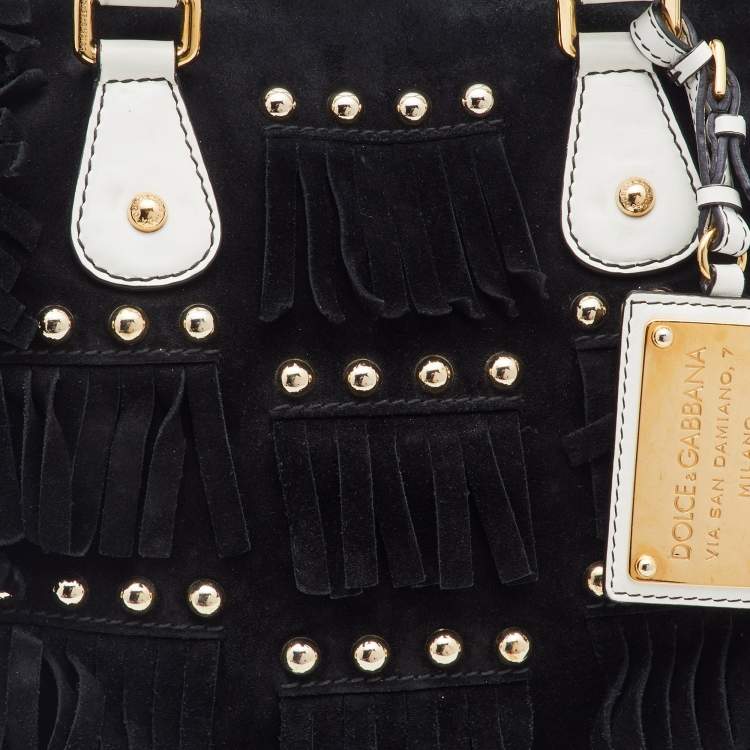 Pre Owned Dolce & Gabbana Black Suede and Leather Fringed Satchel