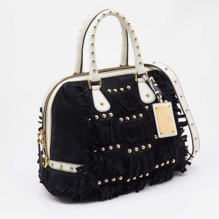 Pre Owned Dolce & Gabbana Black Suede and Leather Fringed Satchel