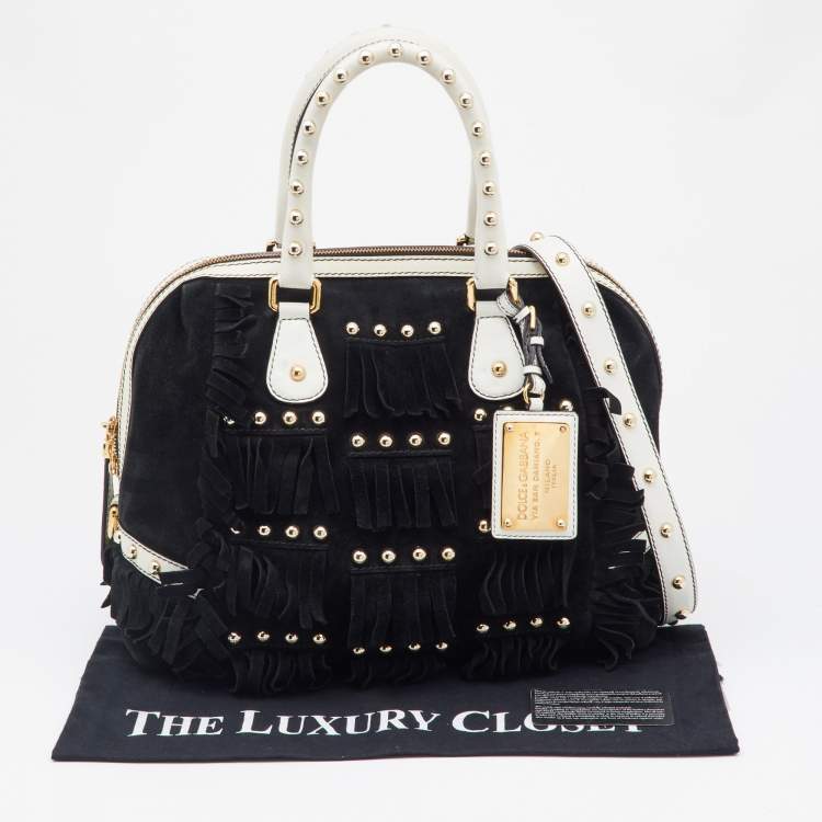 Pre Owned Dolce & Gabbana Black Suede and Leather Fringed Satchel