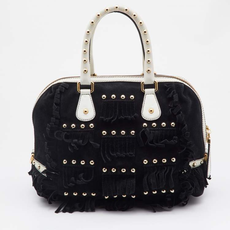 Pre Owned Dolce & Gabbana Black Suede and Leather Fringed Satchel