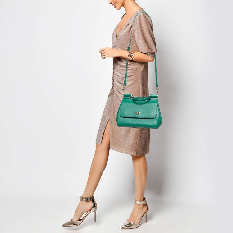Pre Owned Dolce & Gabbana Green Leather Medium Miss Sicily Top Handle Bag