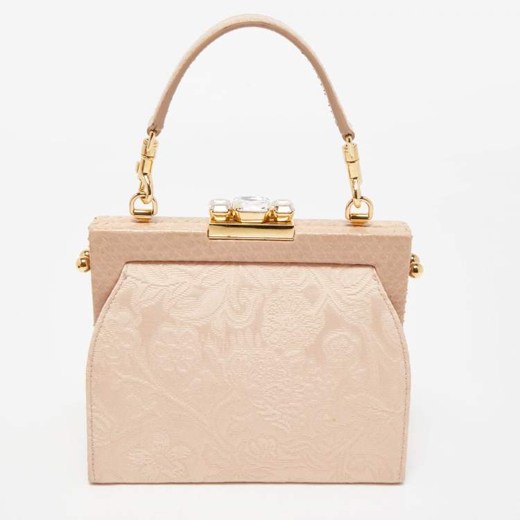Pre Owned Dolce & Gabbana Beige Brocade Fabric and Watersnake Crystals Frame Top Handle Bag