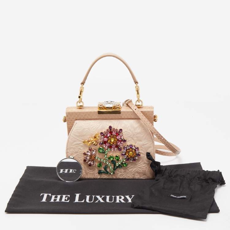 Pre Owned Dolce & Gabbana Beige Brocade Fabric and Watersnake Crystals Frame Top Handle Bag