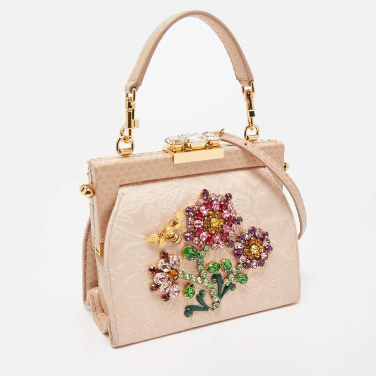 Pre Owned Dolce & Gabbana Beige Brocade Fabric and Watersnake Crystals Frame Top Handle Bag