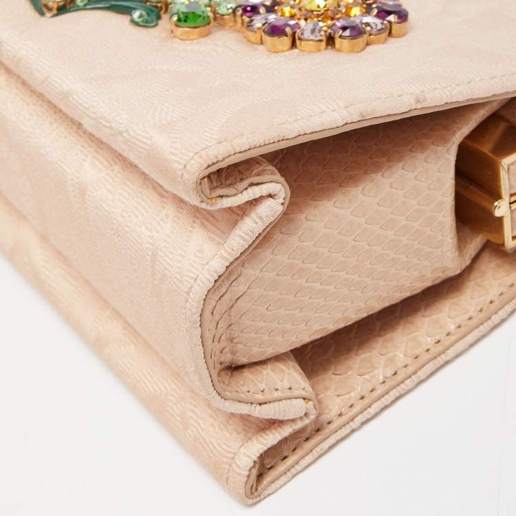 Pre Owned Dolce & Gabbana Beige Brocade Fabric and Watersnake Crystals Frame Top Handle Bag