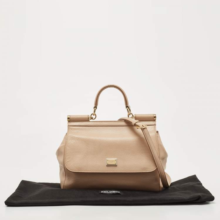 Pre Owned Dolce & Gabbana Beige Lizard Embossed Leather Medium Miss Sicily Top Handle Bag