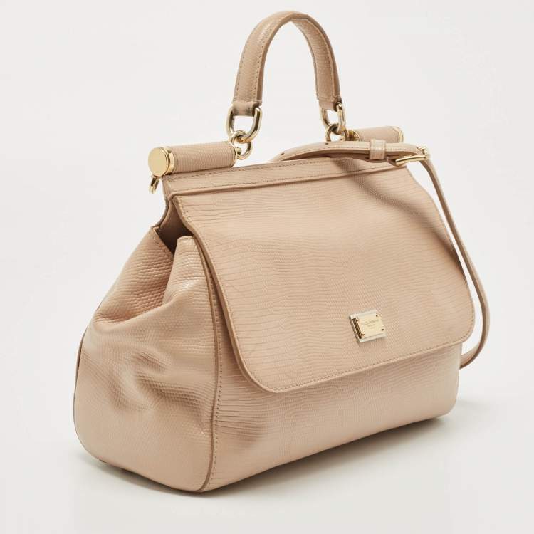Pre Owned Dolce & Gabbana Beige Lizard Embossed Leather Medium Miss Sicily Top Handle Bag