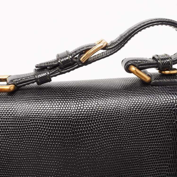 Pre Owned Dolce & Gabbana Black Lizard Embossed Leather Medium Miss Monica Top Handle Bag