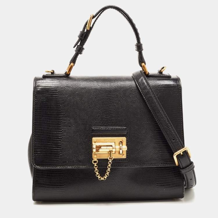 Pre Owned Dolce & Gabbana Black Lizard Embossed Leather Medium Miss Monica Top Handle Bag