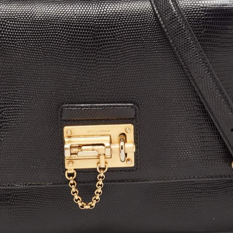 Pre Owned Dolce & Gabbana Black Lizard Embossed Leather Medium Miss Monica Top Handle Bag