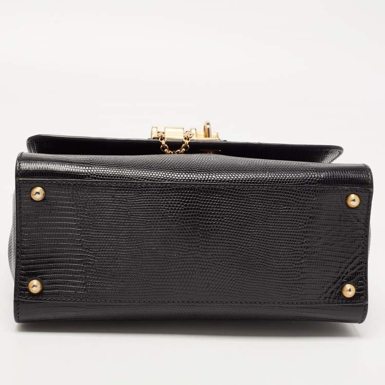 Pre Owned Dolce & Gabbana Black Lizard Embossed Leather Medium Miss Monica Top Handle Bag