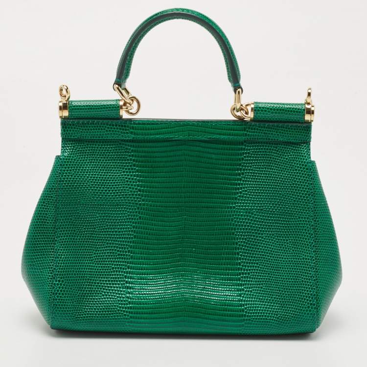 Pre Owned Dolce and Gabbana Green Lizard Embossed Leather Small Miss Sicily Top Handle Bag