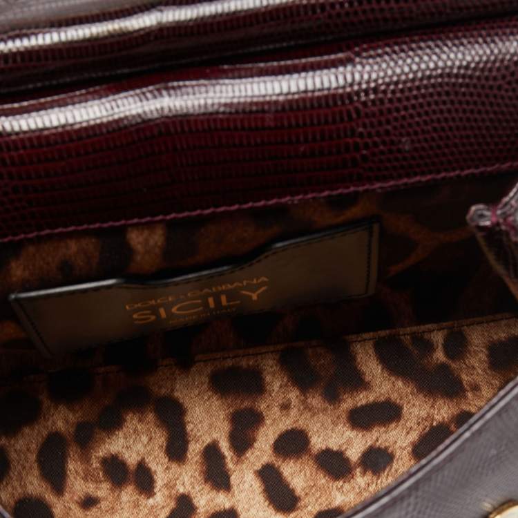 Pre Owned Dolce & Gabbana Burgundy Lizard Embossed Leather Small Miss Sicily Top Handle Bag
