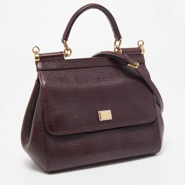 Pre Owned Dolce & Gabbana Burgundy Lizard Embossed Leather Small Miss Sicily Top Handle Bag