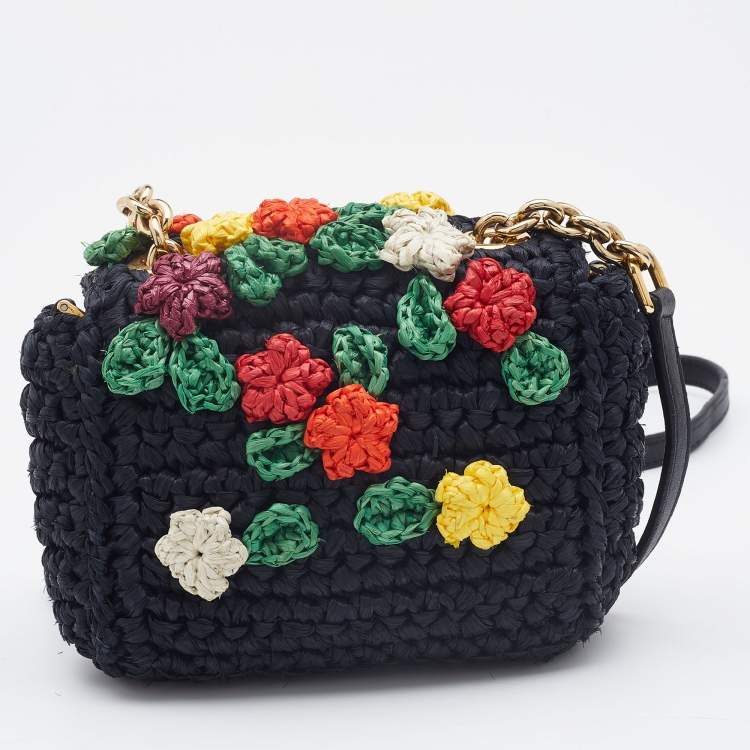 Pre Owned Dolce & Gabbana Black Crochet Raffia Flap Crossbody Bag