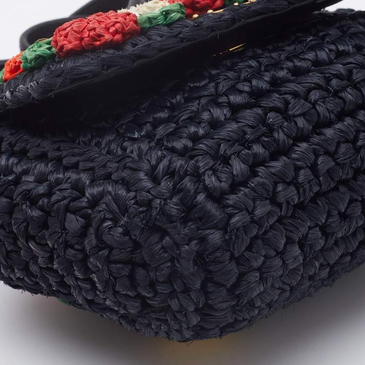 Pre Owned Dolce & Gabbana Black Crochet Raffia Flap Crossbody Bag