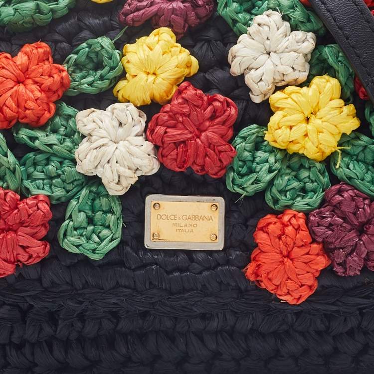 Pre Owned Dolce & Gabbana Black Crochet Raffia Flap Crossbody Bag