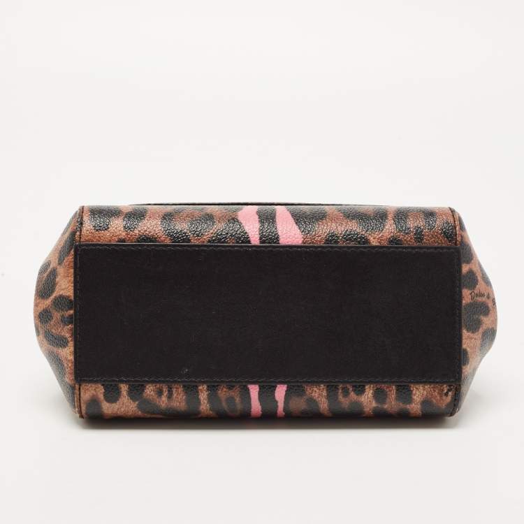 Pre Owned Dolce & Gabbana Black/Brown Leopard Print Coated Canvas Small Sicily Top Handle Bag