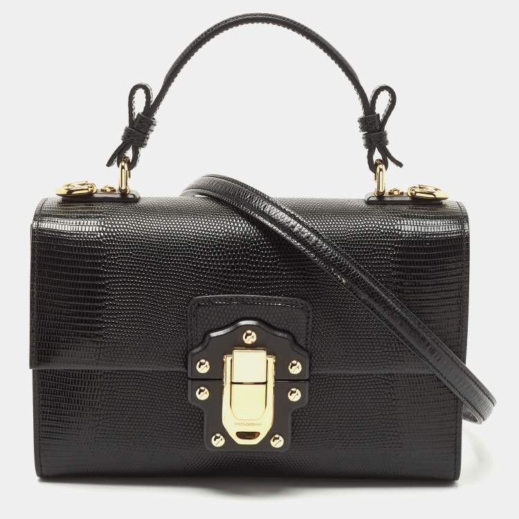 Pre Owned Dolce & Gabbana Black Lizard Embossed Leather Lucia Top Handle Bag