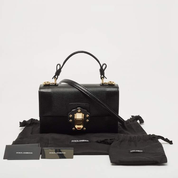 Pre Owned Dolce & Gabbana Black Lizard Embossed Leather Lucia Top Handle Bag