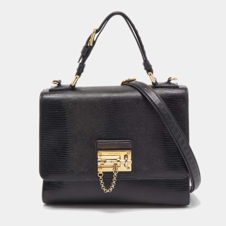 Pre Owned Dolce & Gabbana Black Lizard Embossed Leather Medium Miss Monica Top Handle Bag