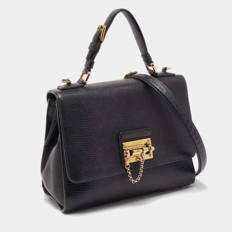 Pre Owned Dolce & Gabbana Black Lizard Embossed Leather Medium Miss Monica Top Handle Bag