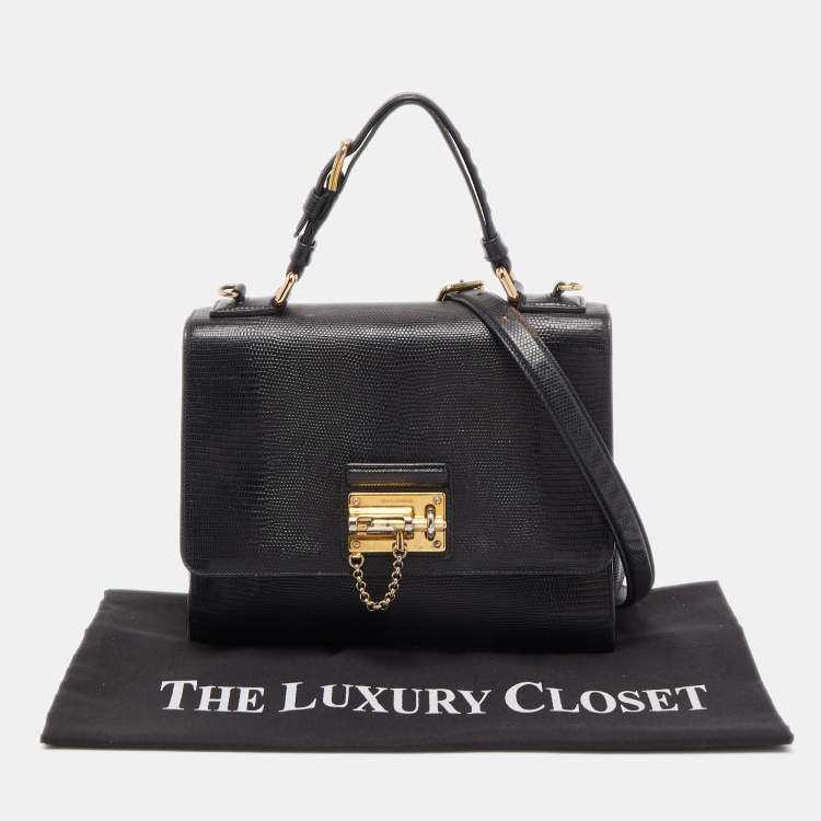 Pre Owned Dolce & Gabbana Black Lizard Embossed Leather Medium Miss Monica Top Handle Bag