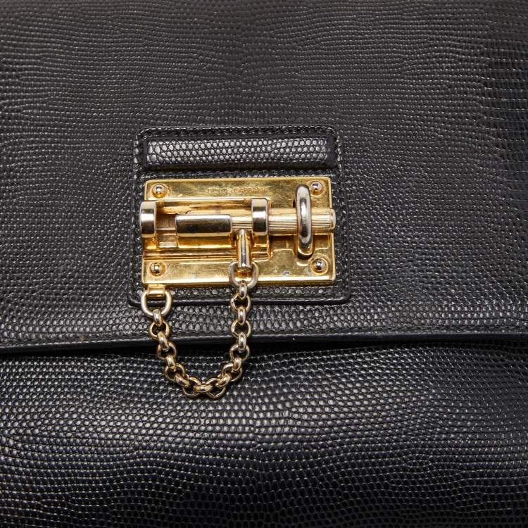 Pre Owned Dolce & Gabbana Black Lizard Embossed Leather Medium Miss Monica Top Handle Bag