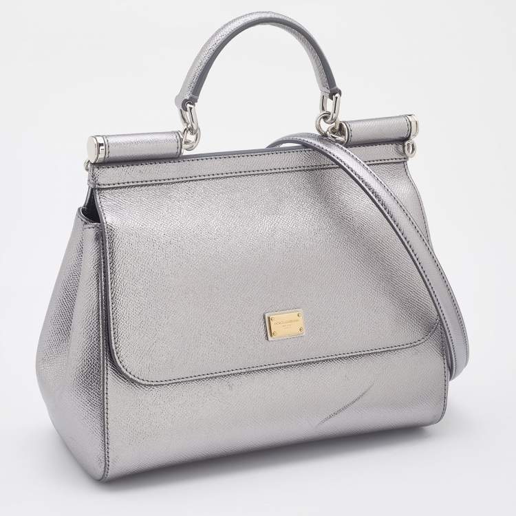 Pre Owned Dolce & Gabbana Silver Leather Medium Miss Sicily Top Handle Bag