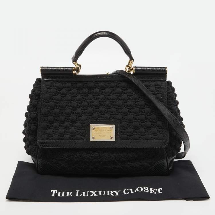 Pre Owned Dolce & Gabbana Black Crochet and Watersnake Large Miss Sicily Top Handle Bag