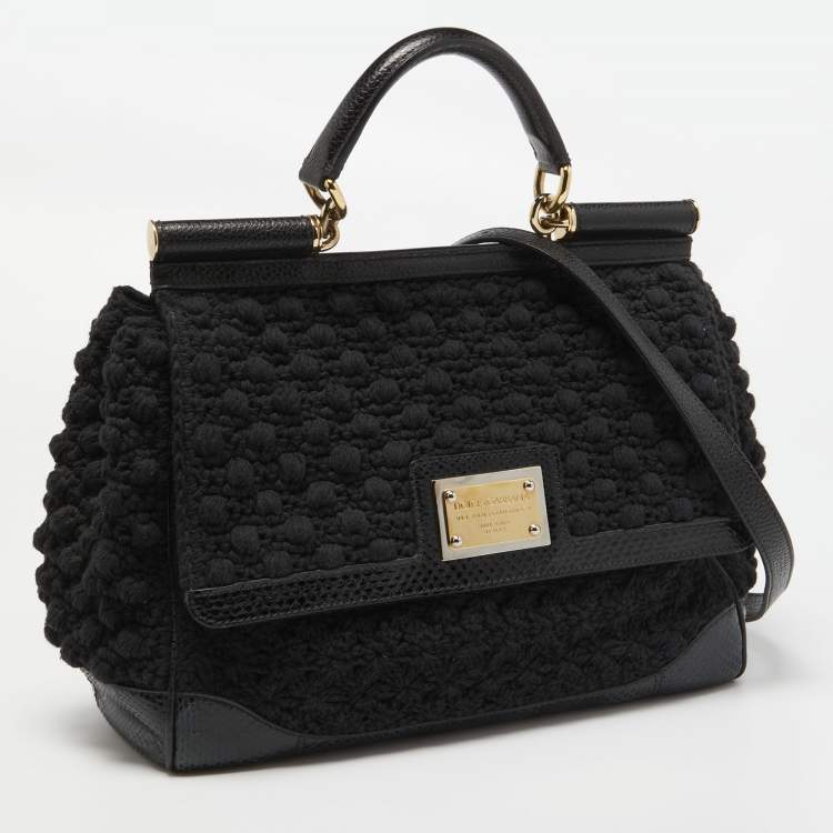 Pre Owned Dolce & Gabbana Black Crochet and Watersnake Large Miss Sicily Top Handle Bag