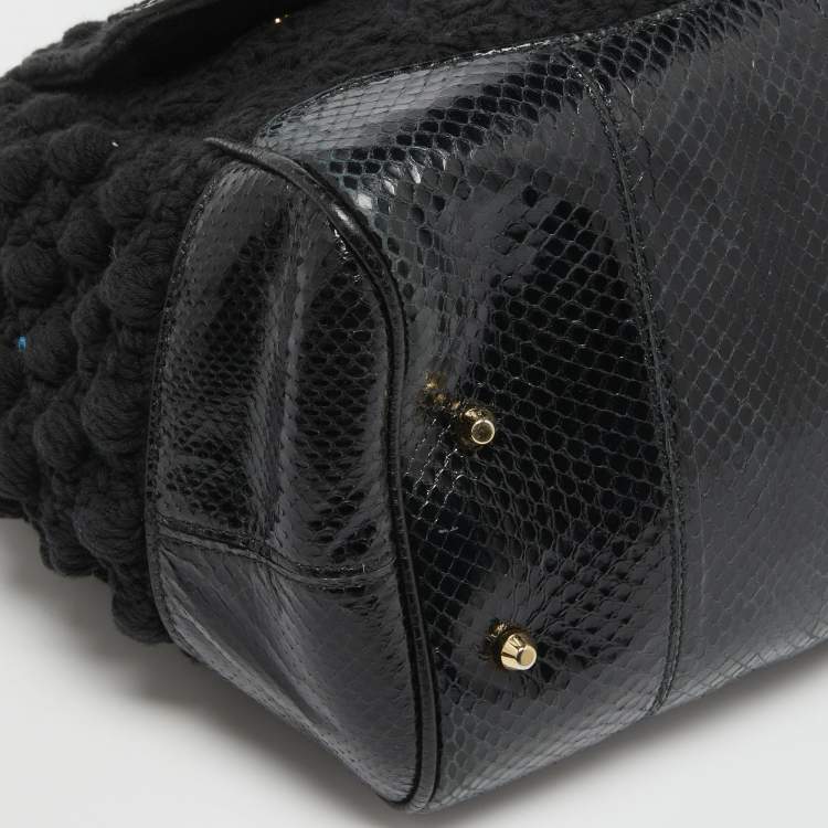 Pre Owned Dolce & Gabbana Black Crochet and Watersnake Large Miss Sicily Top Handle Bag