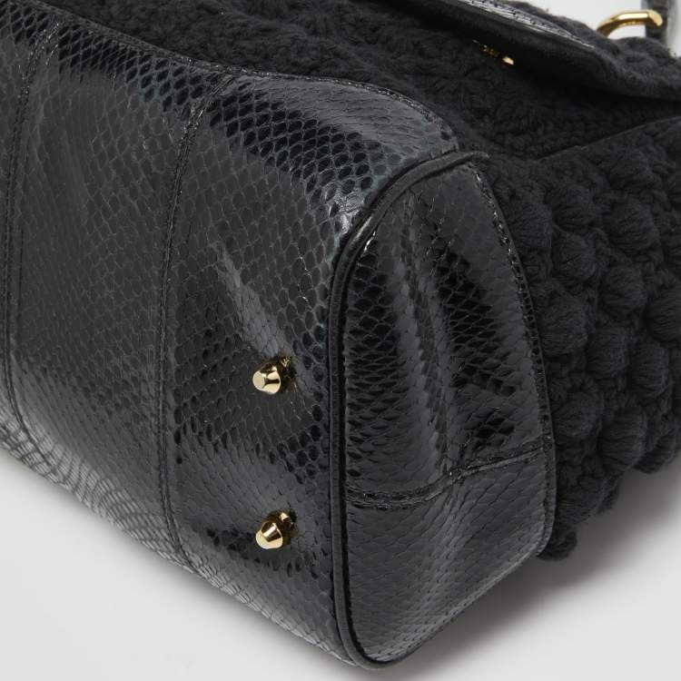 Pre Owned Dolce & Gabbana Black Crochet and Watersnake Large Miss Sicily Top Handle Bag