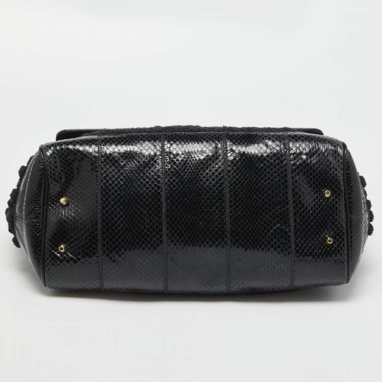 Pre Owned Dolce & Gabbana Black Crochet and Watersnake Large Miss Sicily Top Handle Bag