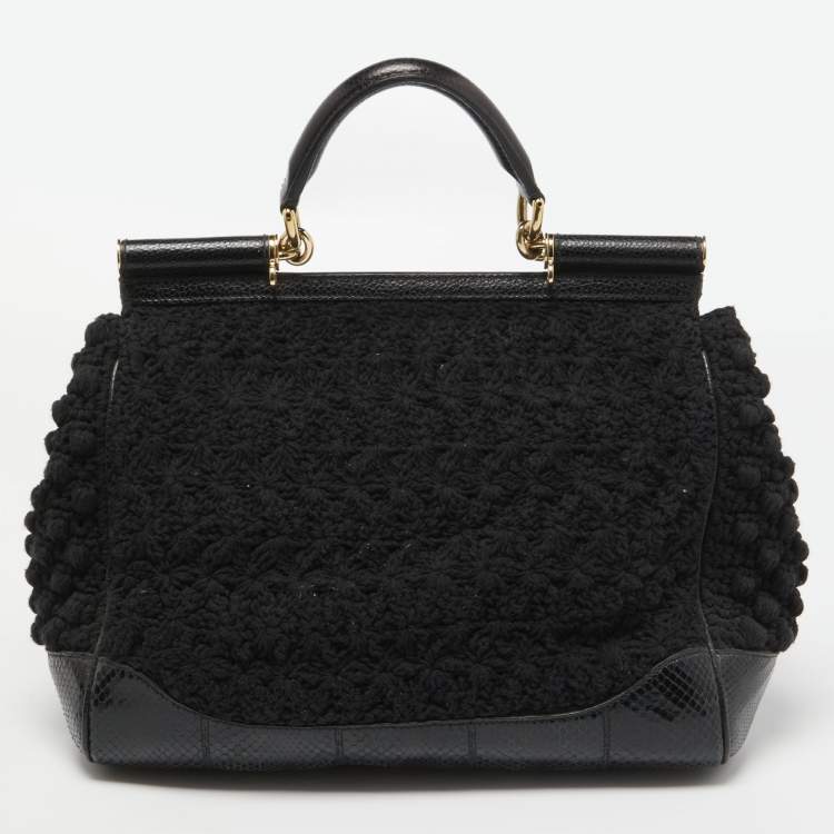 Pre Owned Dolce & Gabbana Black Crochet and Watersnake Large Miss Sicily Top Handle Bag