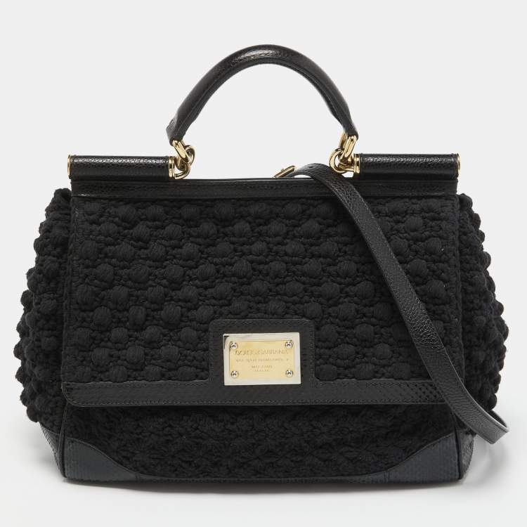Pre Owned Dolce & Gabbana Black Crochet and Watersnake Large Miss Sicily Top Handle Bag