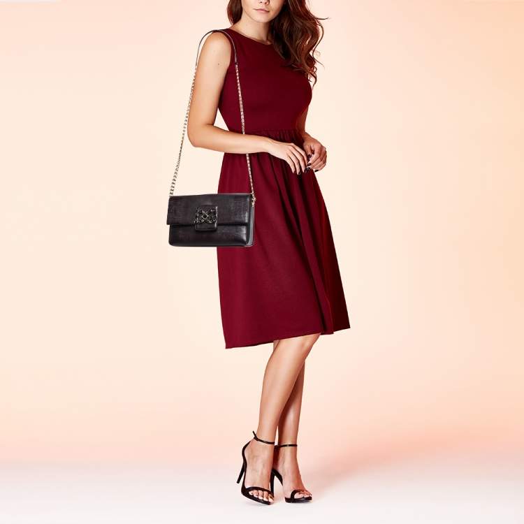 Pre Owned Dolce & Gabbana Dark Burgundy Lizard Embossed Leather DG Millennials Shoulder Bag