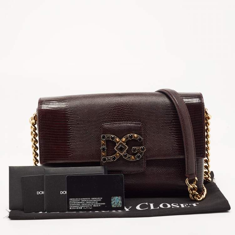 Pre Owned Dolce & Gabbana Dark Burgundy Lizard Embossed Leather DG Millennials Shoulder Bag
