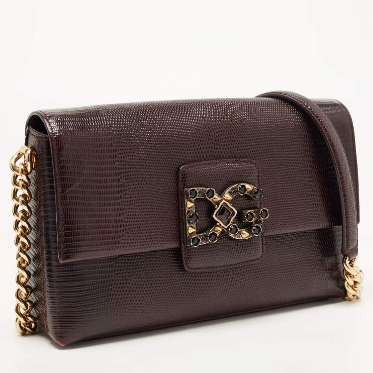 Pre Owned Dolce & Gabbana Dark Burgundy Lizard Embossed Leather DG Millennials Shoulder Bag