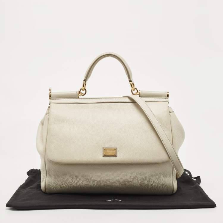 Pre Owned Dolce & Gabbana Off White Leather Large Miss Sicily Top Handle Bag