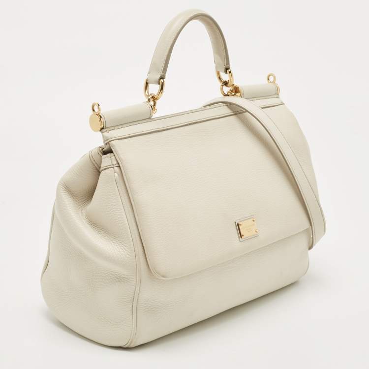 Pre Owned Dolce & Gabbana Off White Leather Large Miss Sicily Top Handle Bag