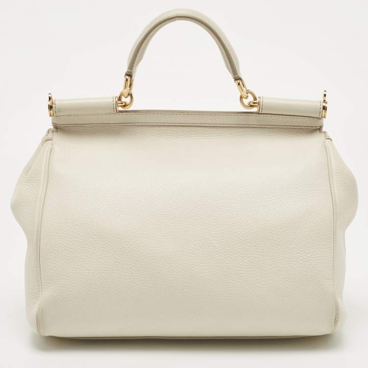 Pre Owned Dolce & Gabbana Off White Leather Large Miss Sicily Top Handle Bag