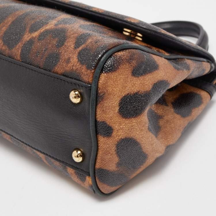 Pre Owned Dolce & Gabbana Brown/Black Leopard Print Coated Canvas and Leather Medium Miss Sicily Top Handle Bag