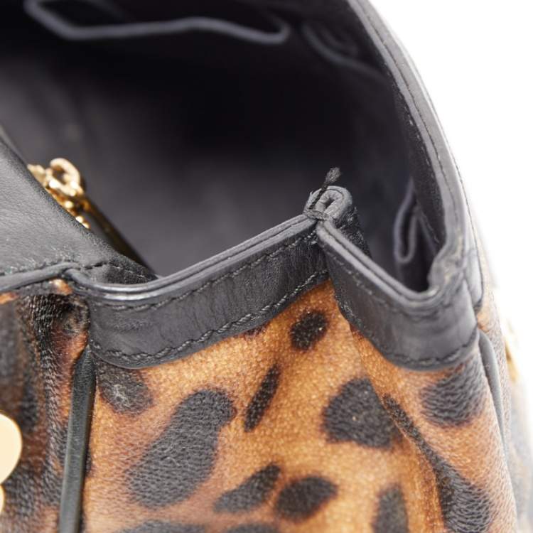 Pre Owned Dolce & Gabbana Brown/Black Leopard Print Coated Canvas and Leather Medium Miss Sicily Top Handle Bag