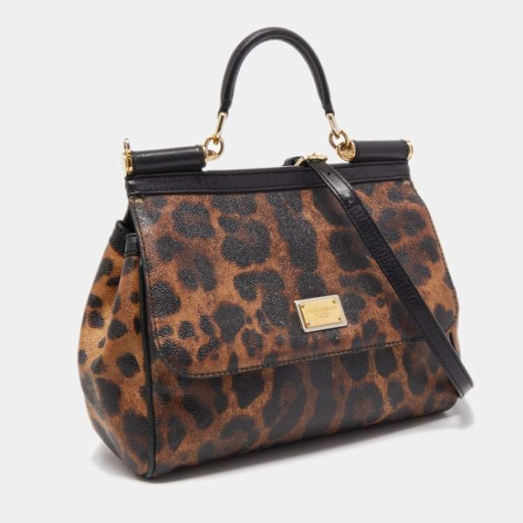 Pre Owned Dolce & Gabbana Brown/Black Leopard Print Coated Canvas and Leather Medium Miss Sicily Top Handle Bag