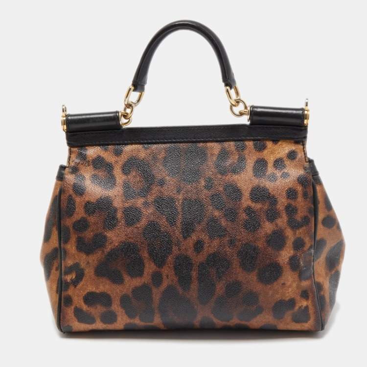 Pre Owned Dolce & Gabbana Brown/Black Leopard Print Coated Canvas and Leather Medium Miss Sicily Top Handle Bag